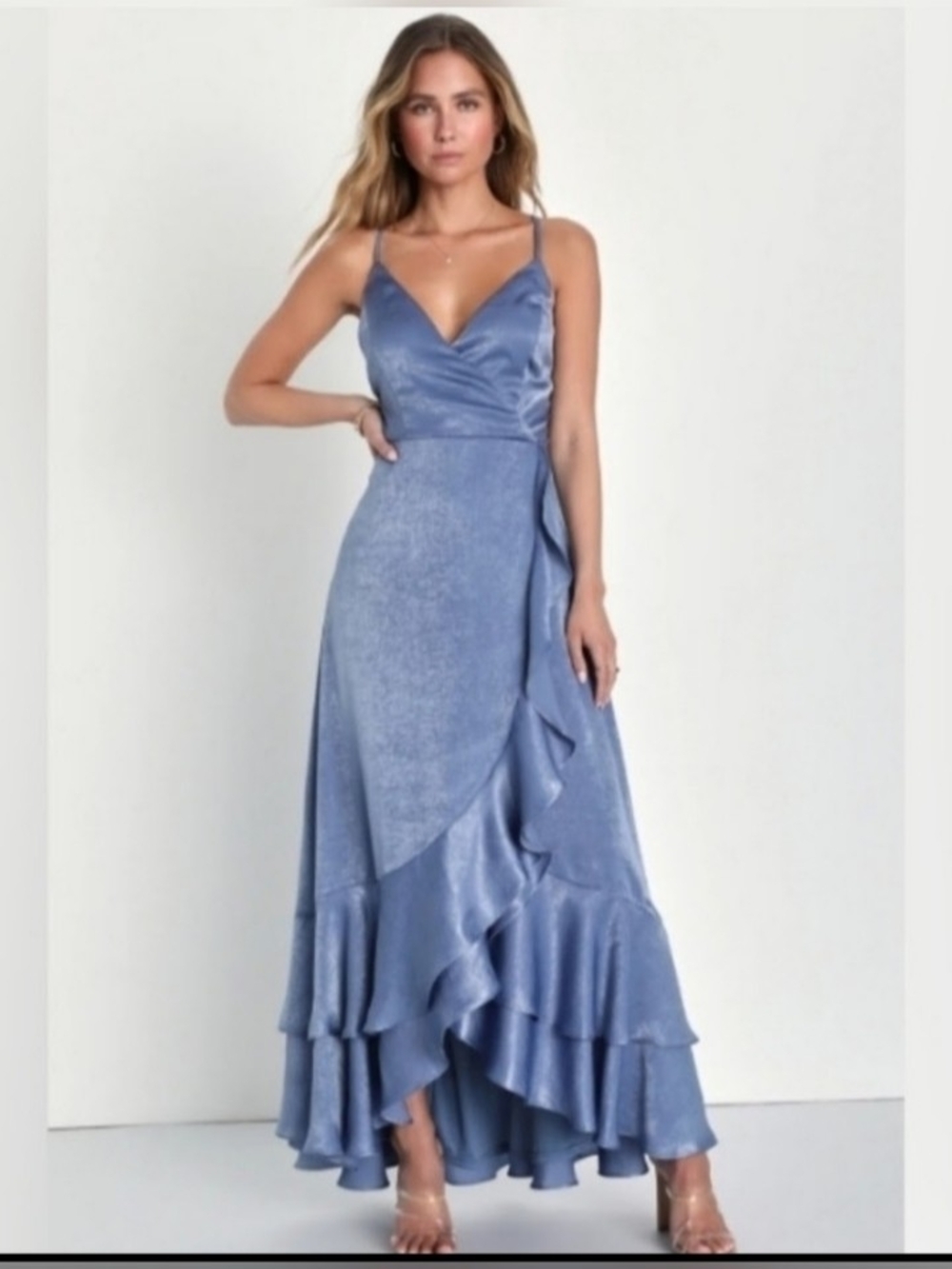 Lulu's Dusty Blue Satin Ruffle Wrap Maxi Dress